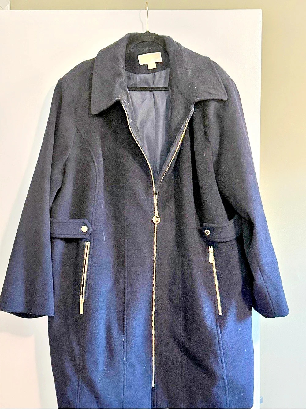Michael Kors Plus Size Collared Zip-Front Wool Blend Coat Navy Coat 3X